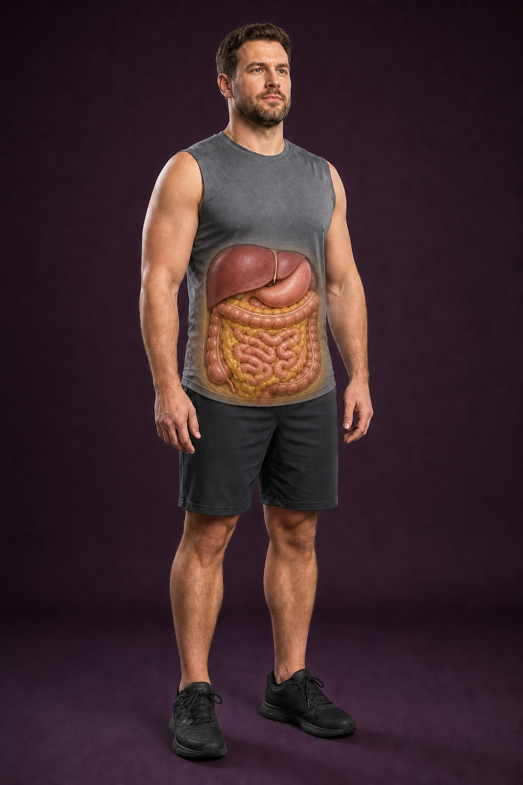 Representative adult abdominal anatomy illustration with visible adipose tissue around the digestive organs